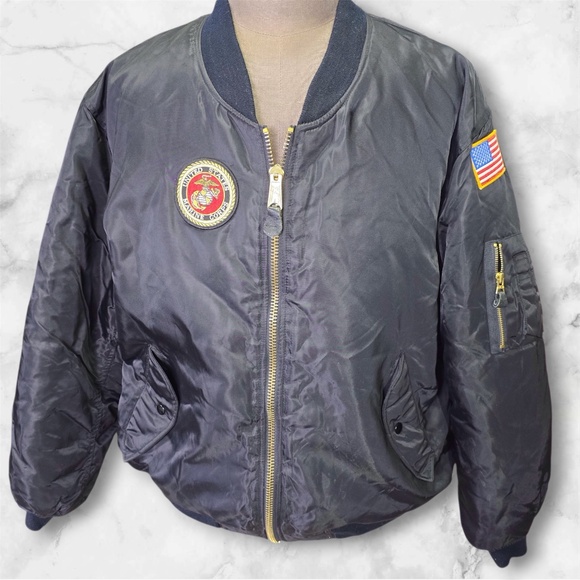 Vintage USMC Marines Bulldogs Jacket MA-1 Bomber  XXL- Quilted Nylon Black - Picture 3 of 11